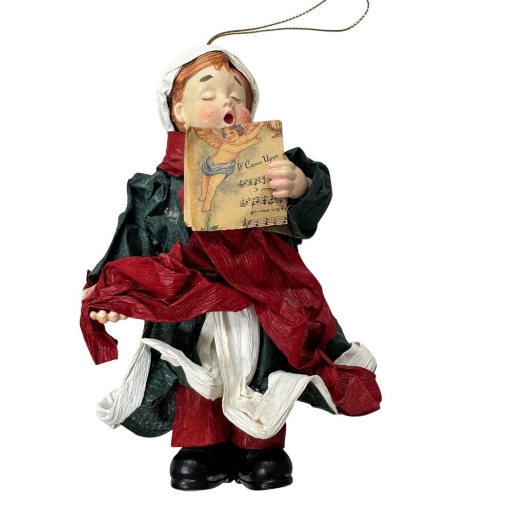 Vintage Paper Mache Christmas Caroler Tree Ornament Holiday Decoration Green